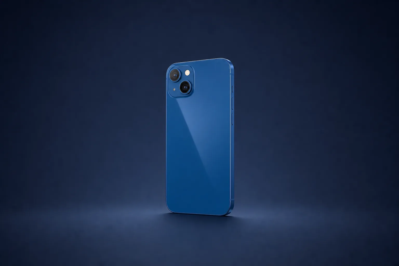 Smartphone azul revisado sobre cenário de estúdio